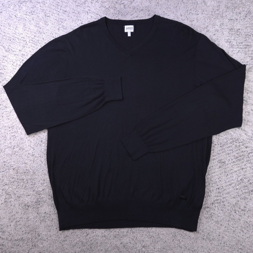 Armani Collezioni Sweater Mens XXL Pullover V-Neck Silk Cotton Blend Knit Black